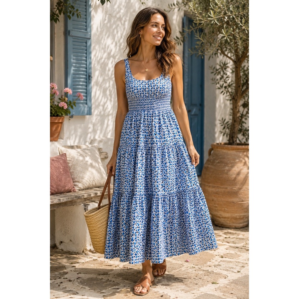 Wayward Fancies Smocked Empire Tiered Cotton Geo Maxi Dress Swedish‎ Blue 10-12